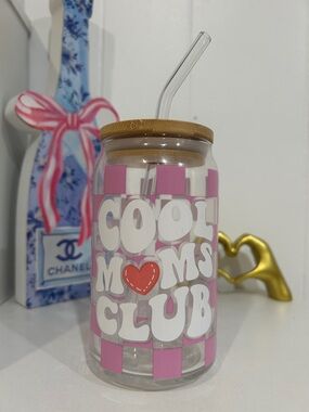 Cool Moms Club Pink Checkered Glass Tumbler with Bamboo Lid